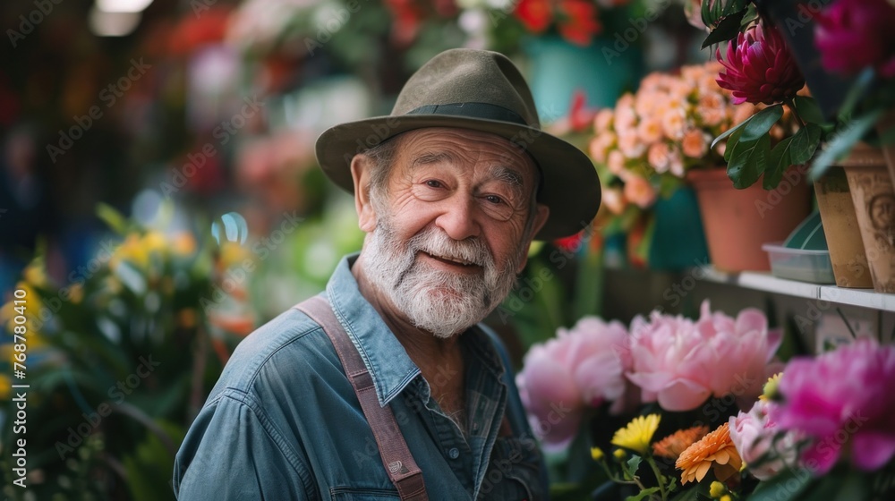 An elderly man with a white beard and a green hat smiling at the camera surrounded by a vibrant display of colorful flowers in a market setting.