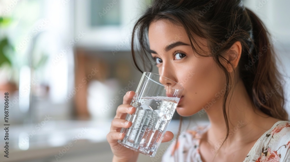 A woman with dark hair elegantly dressed drinking water from a glass with a thoughtful expression set against a blurred kitchen background. A woman with dark hair elegantly dressed drinking water from a glass with a thoughtful expression set against a blurred kitchen background.