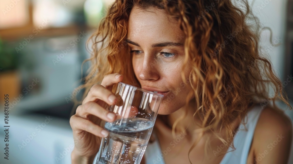 A woman with curly hair drinking water from a glass. - obrazy, fototapety, plakaty 