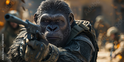 Intense Armed Ape Warrior Ready for Battle in Fiery Conflict Zone Banner