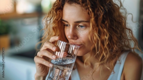 A woman with curly hair drinking water from a glass.