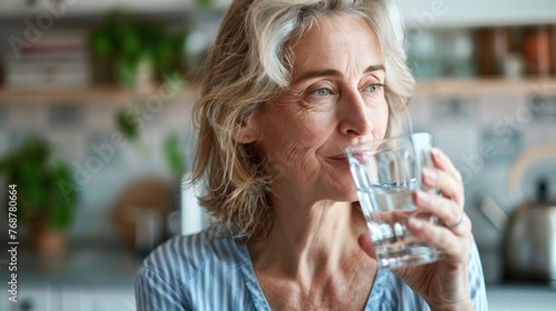 Woman with gray hair wearing blue striped shirt drinking water from glass in kitchen with blurred background of plants and shelves.