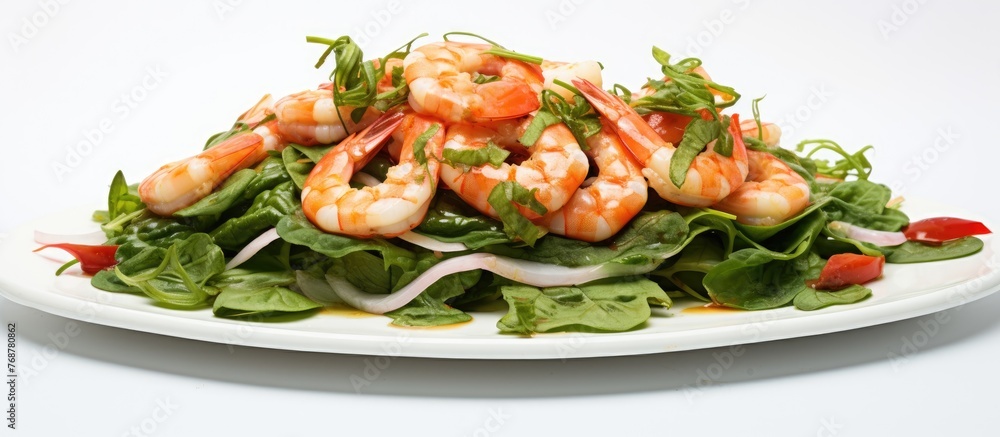 A plate of salad with shrimp and spinach, a healthy recipe with fresh seafood, vegetables, and tomato A plate of salad with shrimp and spinach, a healthy recipe with fresh seafood, vegetables, and tomato