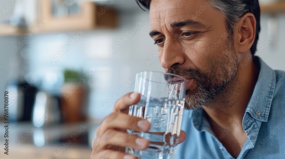 Man drinking water from glass in kitchen.