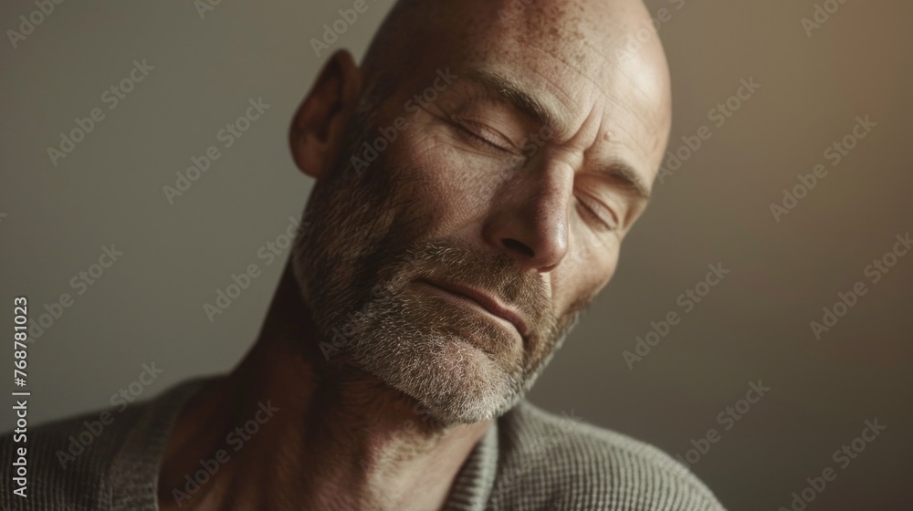 A bald man with a gray beard and mustache looking down with closed eyes wearing a gray sweater against a soft-focus background. A bald man with a gray beard and mustache looking down with closed eyes wearing a gray sweater against a soft-focus background.