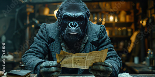 Intelligent Ape Perusing Newspaper in a Cozy Study Room Banner