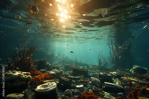 Underwater Serenity: Sunlight Piercing Through Aquatic Life Ecosystem Preservation Banner © Алинка Пад