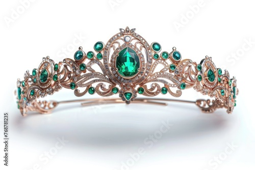 White gold tiara surrounded with green emeralds, isolated on white. Generative Ai