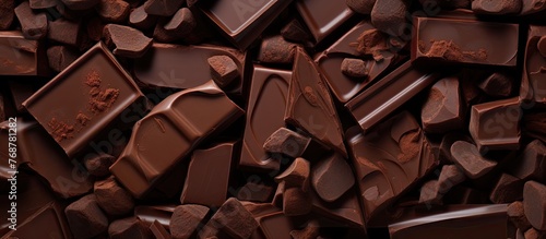 A detailed view of a heap of assorted chocolate fragments, showcasing a variety of delicious sweet treats