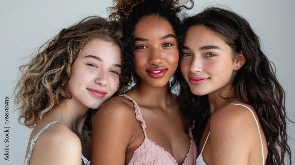 Three young women with different hair colors and styles wearing sleeveless tops smiling and posing closely together against a neutral background. Three young women with different hair colors and styles wearing sleeveless tops smiling and posing closely together against a neutral background.