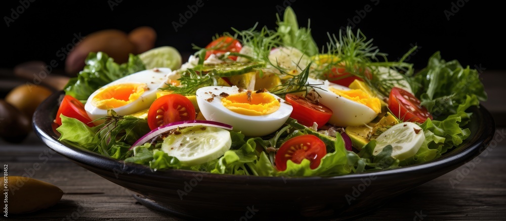 A close-up view of a healthy and delicious salad containing hard-boiled eggs, ripe tomatoes, and crisp lettuce leaves A close-up view of a healthy and delicious salad containing hard-boiled eggs, ripe tomatoes, and crisp lettuce leaves