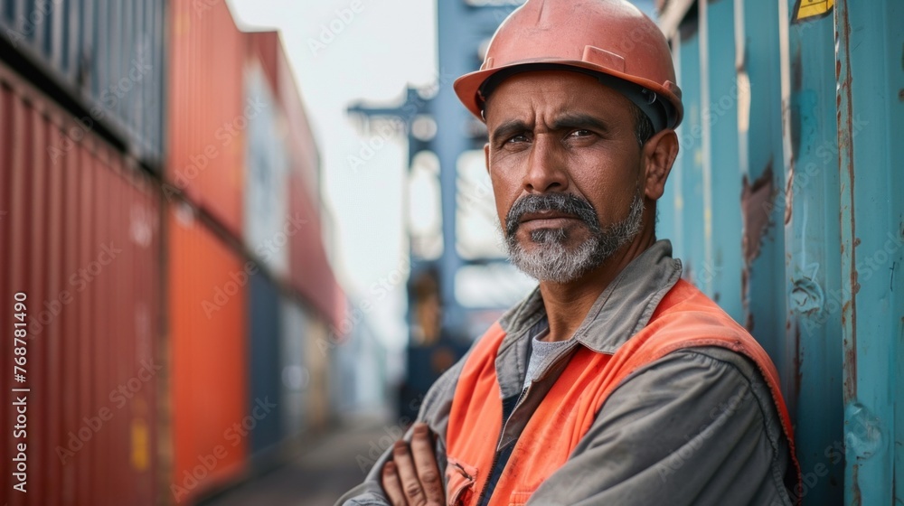 A man with a beard and mustache wearing an orange hard hat and vest leaning against a blue wall with a serious expression standing in a warehouse area with shipping containers in the background. A man with a beard and mustache wearing an orange hard hat and vest leaning against a blue wall with a serious expression standing in a warehouse area with shipping containers in the background.