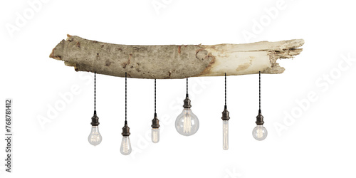 Wood Slab Pendant Chandelier. Rustic Hanging Lighting For Dining Room. Decorative antique edison style filament light bulbs. Realistic vintage glowing light bulbs