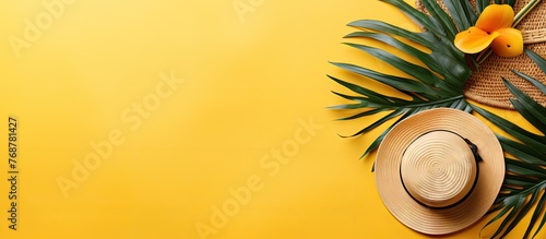 A hat placed among palm lea...