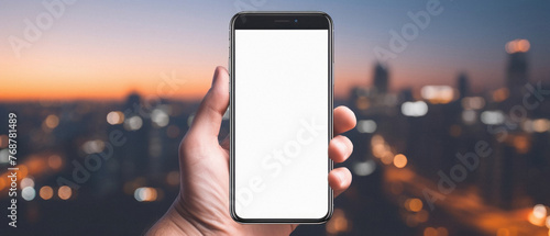Mockup of a hand holding mobile phone with blank white screen over blurred cityscape background photo