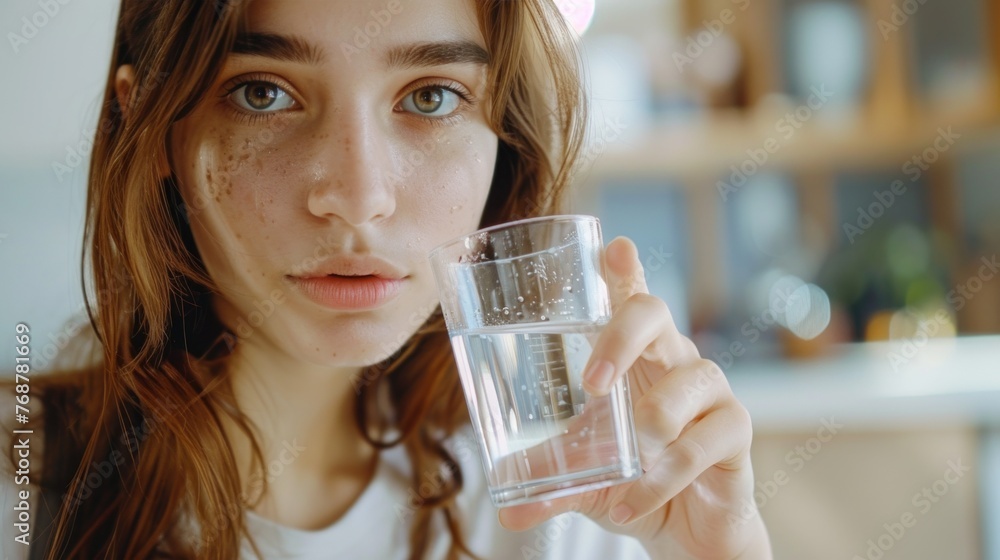A young woman with freckles and striking eyes holding a glass of water with ice in a softly lit kitchen setting. A young woman with freckles and striking eyes holding a glass of water with ice in a softly lit kitchen setting.