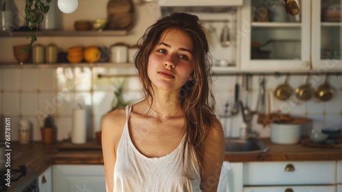 A young woman with long hair wearing a white tank top standing in a kitchen with a thoughtful expression surrounded by various kitchen items and a white tiled wall.