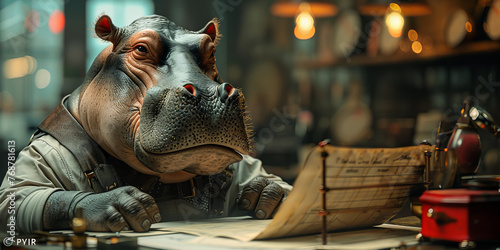 Anthropomorphic Hipster Hippo Studiously Inspects Ancient Manuscripts by Lantern Light Banner