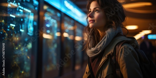 Wallpaper Mural Woman Tourist Viewing Flight Schedules Generative AI Torontodigital.ca