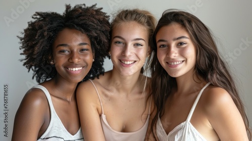 Three young women posing for a photo smiling with one wearing a white tank top another in a beige top and the third in a white off-the-shoulder top against a neutral background.