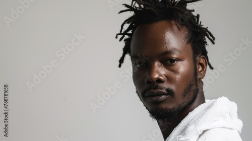 A man with dreadlocks and a beard wearing a white towel looking off to the side with a serious expression. © iuricazac