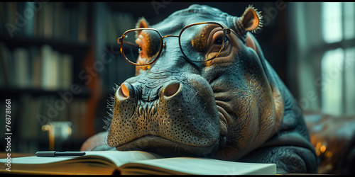 Intellectual Hippopotamus Contemplating Existence in Library Banner