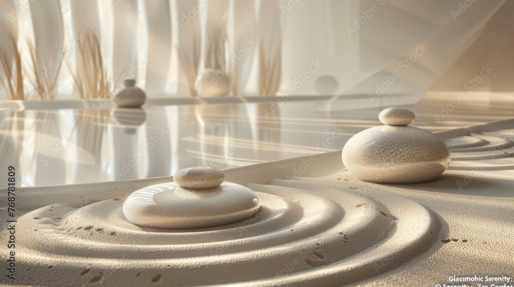 Fototapeta premium Zen Garden Stones in Raked Sand with Soft Shadows