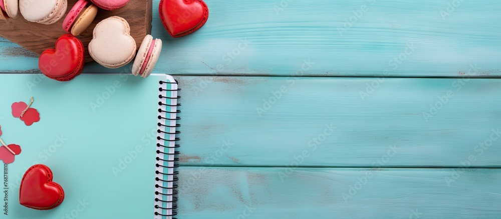 A close-up view of a notebook with a heart-shaped cookie alongside a croissant on a turquoise retro background for Valentines Day