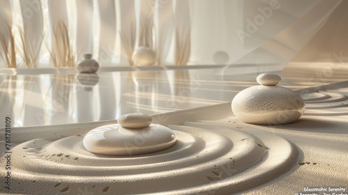 Zen Garden Stones in Raked Sand with Soft Shadows