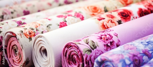 A close up of a bunch of rolled up fabric with flowers, showcasing a roll of fabric rose floral summer style print cotton used in the clothing industry