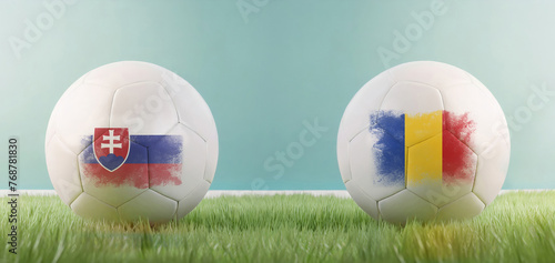 Slovakia vs Romania football match infographic template for Euro 2024 matchday scoreline announcement. Two soccer balls with country flags placed against each other on the green grass with copy space photo
