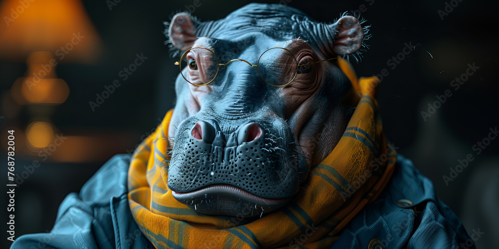 Stylish Sophisticated Hippo Dressed in Fall Fashion Glasses and Scarf Banner