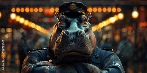 Intrepid Night Guardian: The Stoic Hippopotamus Officer - Fantasy Banner