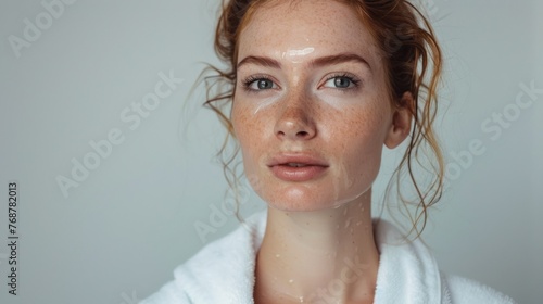 Woman with rosy cheeks freckles and wet hair wearing a white towel looking directly at the camera with a soft expression.