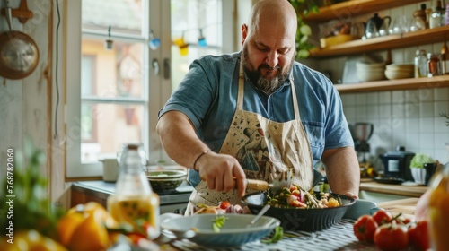 A bearded man in a blue apron cooking in a kitchen with a window view surrounded by fresh produce and kitchenware.