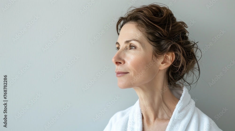 A woman with a gentle smile wearing a white robe looking to her right with her hair elegantly styled. A woman with a gentle smile wearing a white robe looking to her right with her hair elegantly styled.