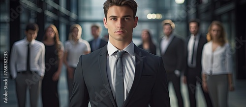 Confident man in a formal suit and tie is standing in front of a group of attentive business people, demonstrating leadership during a meeting