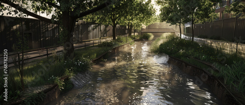 Serene canal flanked by lush greenery in an urban oasis at dawn.