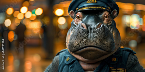 Night Watch: Vigilant Hippopotamus Officer Stands Guard - A Surreal Urban Banner photo