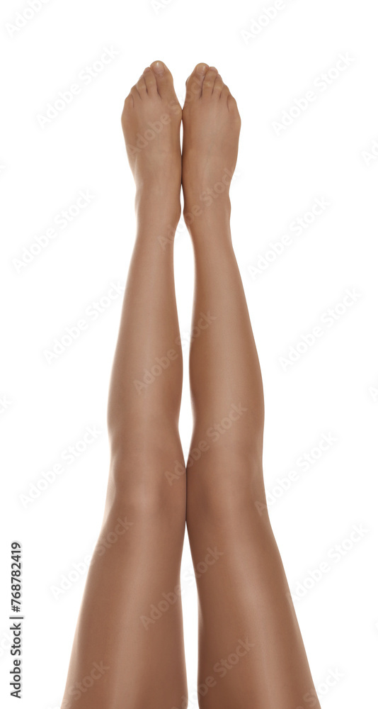 Woman with beautiful long legs wearing tights on white background, closeup Woman with beautiful long legs wearing tights on white background, closeup