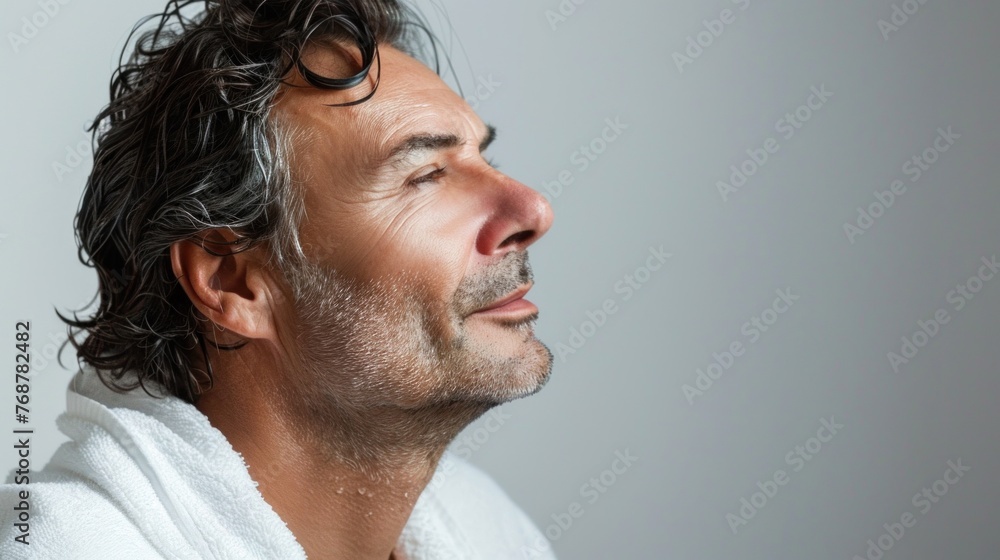 Naklejka premium A man with graying hair and a beard wearing a white towel looking away with a thoughtful expression.