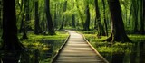 Wooden walkway meandering through a lush swamp filled with tall trees, creating a serene natural path for exploration