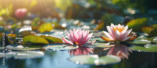 Beautiful pink water lilies gracefully floating on the serene surface of a pond in a tranquil garden setting © vxnaghiyev