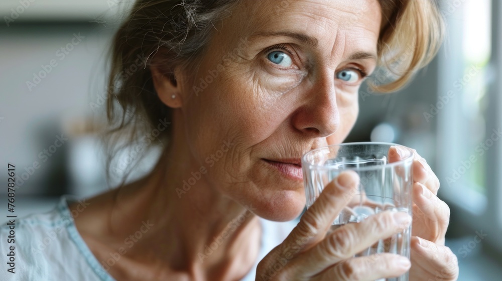 Woman with blue eyes drinking water from glass.