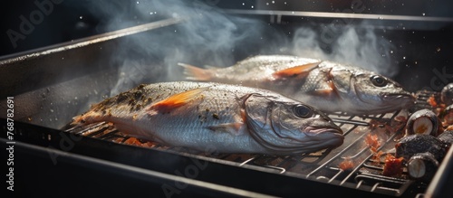Two fish are being grilled ...