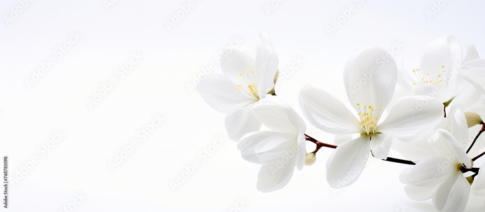 Delicate white flowers blooming on a slender branch, contrasting beautifully with the pure white background Delicate white flowers blooming on a slender branch, contrasting beautifully with the pure white background