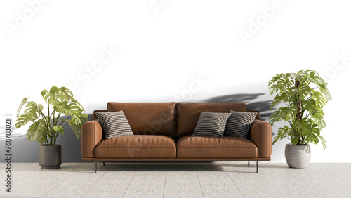 a brown couch with pillows and a plant photo