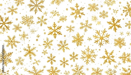 Golden snowflakes background. Luxury  Christmas seamless pattern with small gold snowflakes on a white backdrop