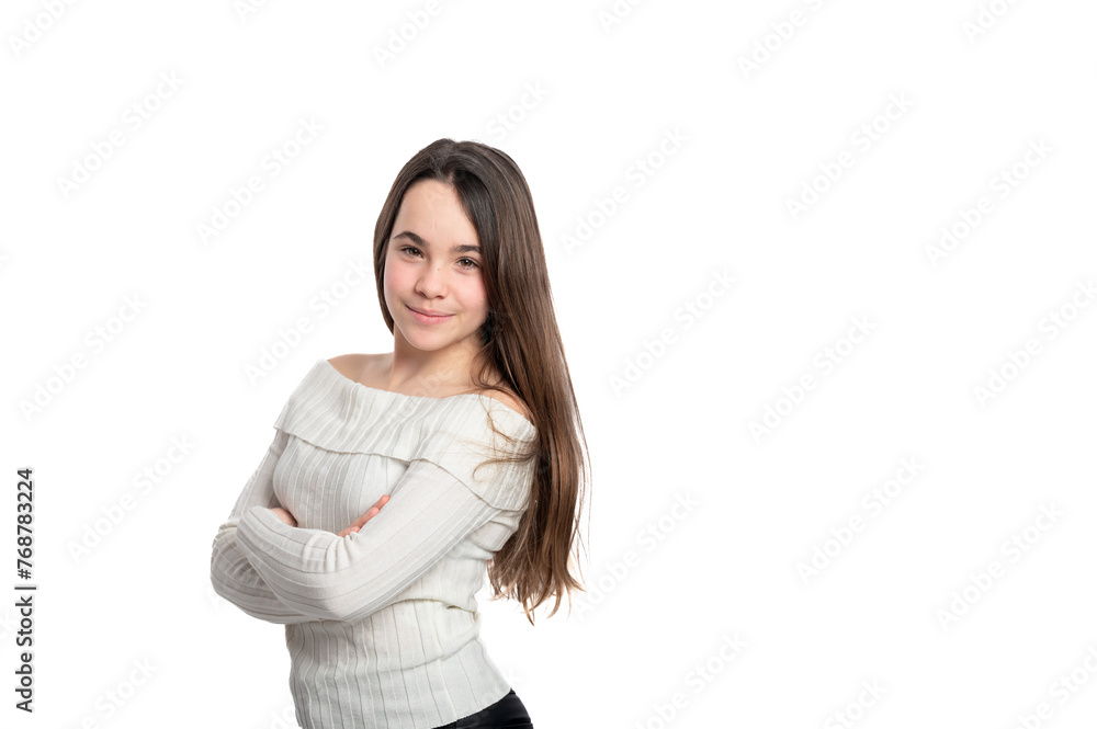 Fototapeta premium A girl with long hair is wearing a white sweater