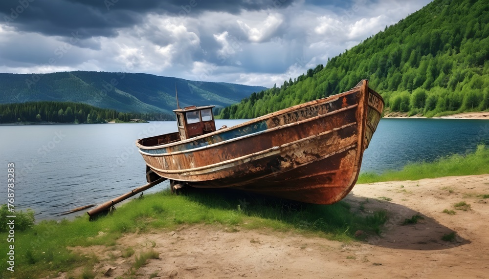Old rusty fishing boat on the slope along the shore of the lake